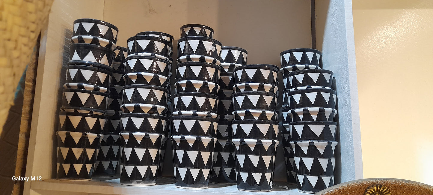 Handmade Moroccan Ceramic Cups Set – Geometric Black & White Design