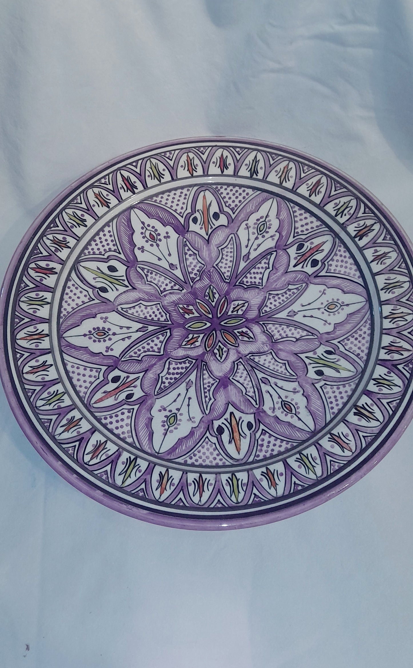 Hand-Painted Moroccan Ceramic Plate – Lavender Floral Mandala Design (36 cm)