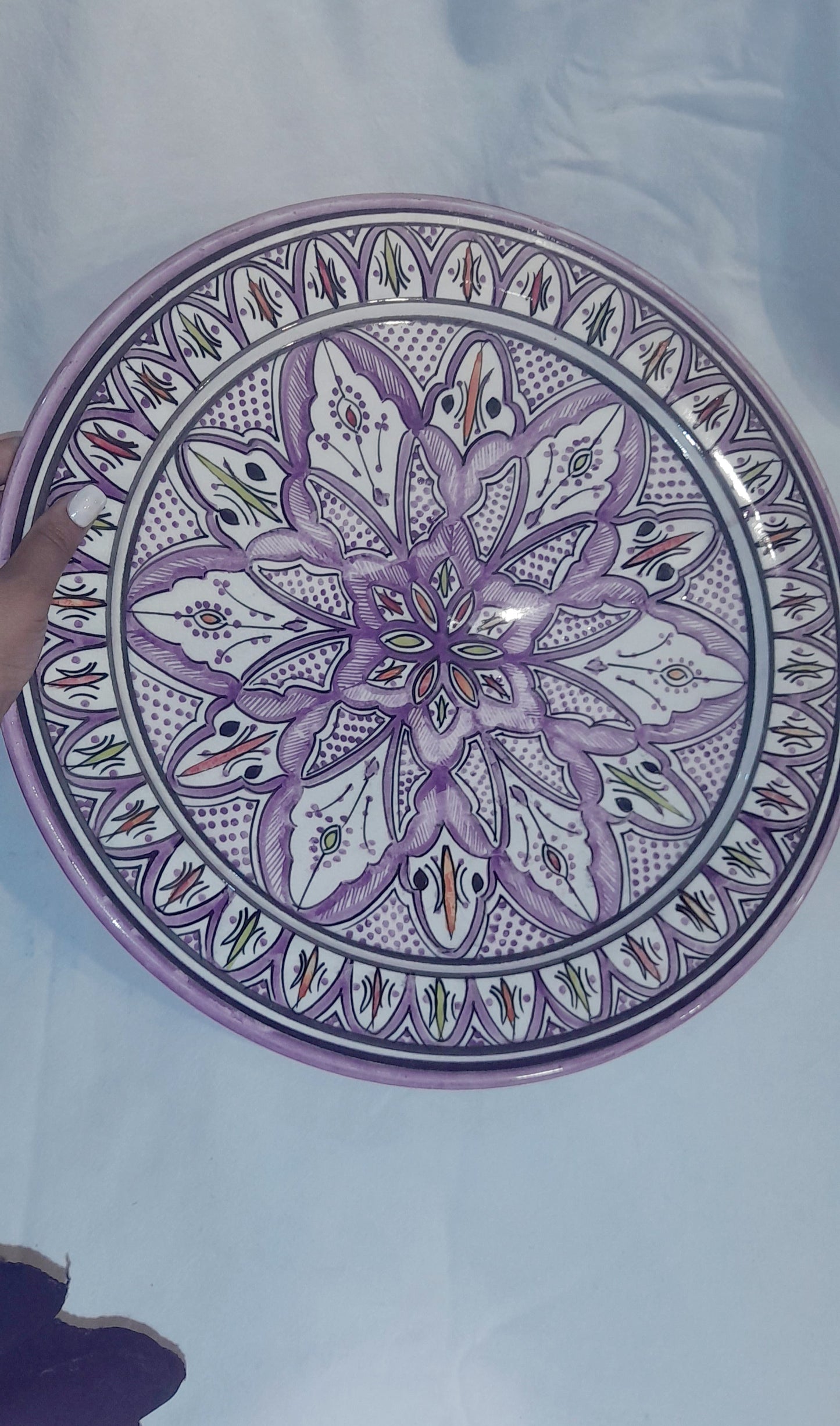 Hand-Painted Moroccan Ceramic Plate – Lavender Floral Mandala Design (36 cm)