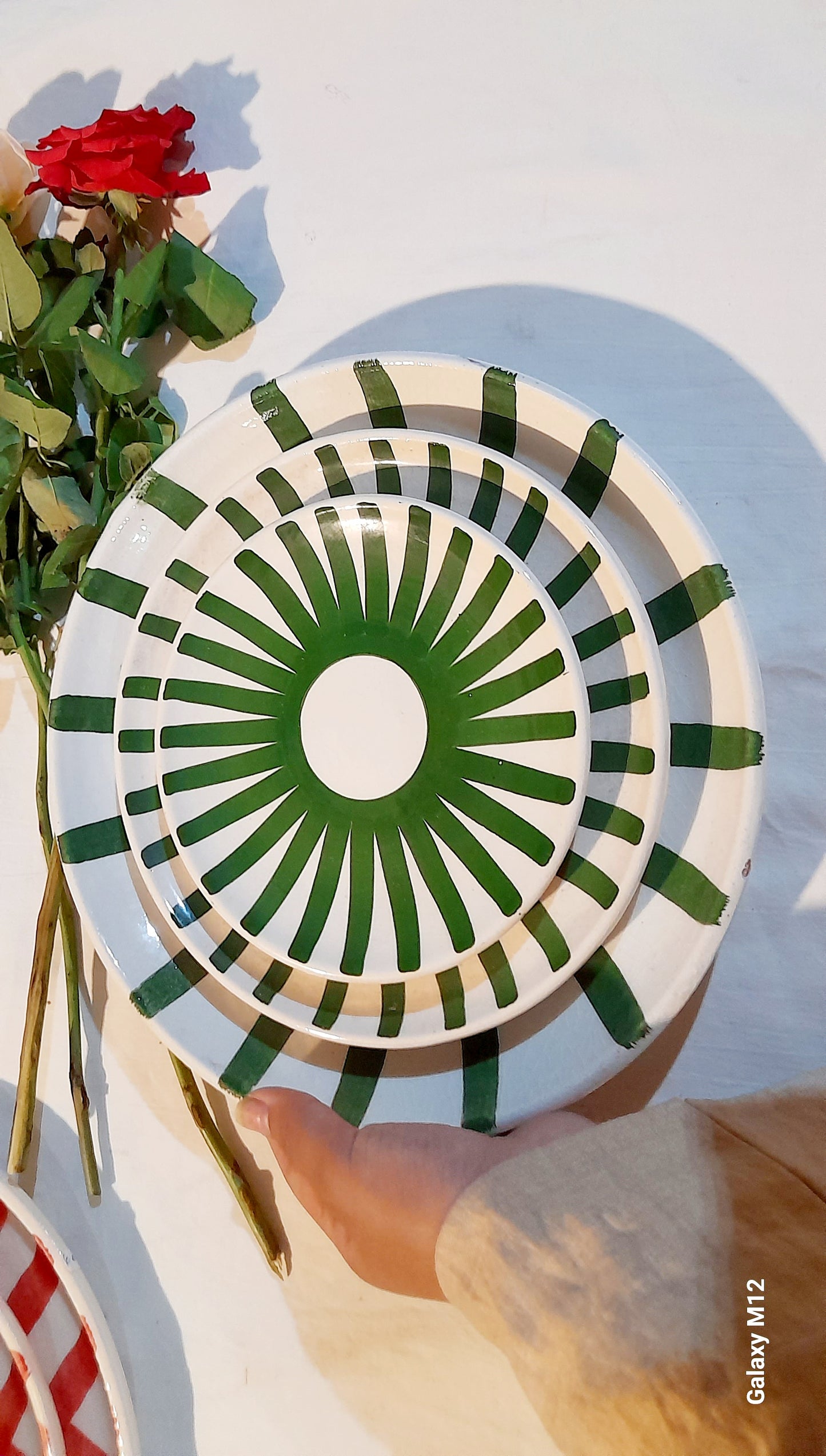 Hand-Painted Geometric Red Ceramic Plate Set – Artistic Touch