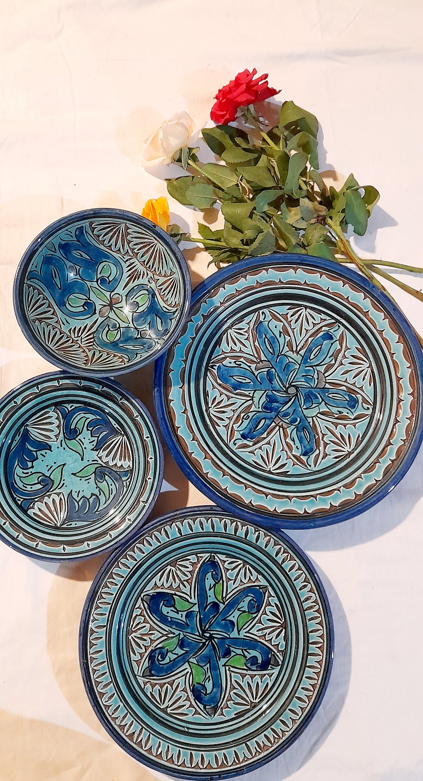 4-Piece Engraved Moroccan Ceramic Set – Royal Green Elegance