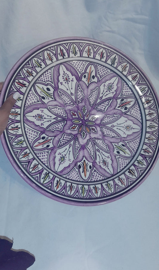 Hand-Painted Moroccan Ceramic Plate – Lavender Floral Mandala Design (36 cm)