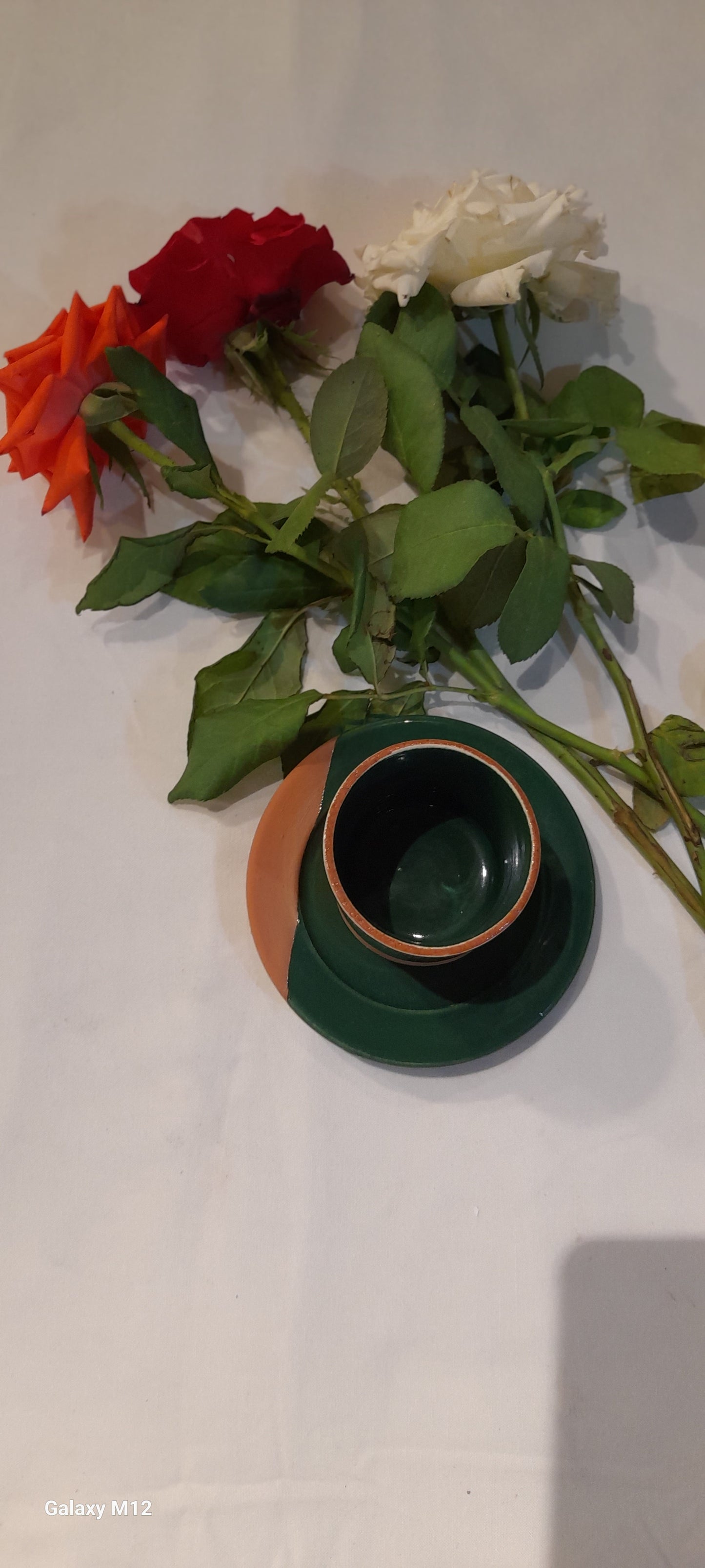 Handmade Terracotta Coffee Cup with Saucer – Green & Natural Clay Finish