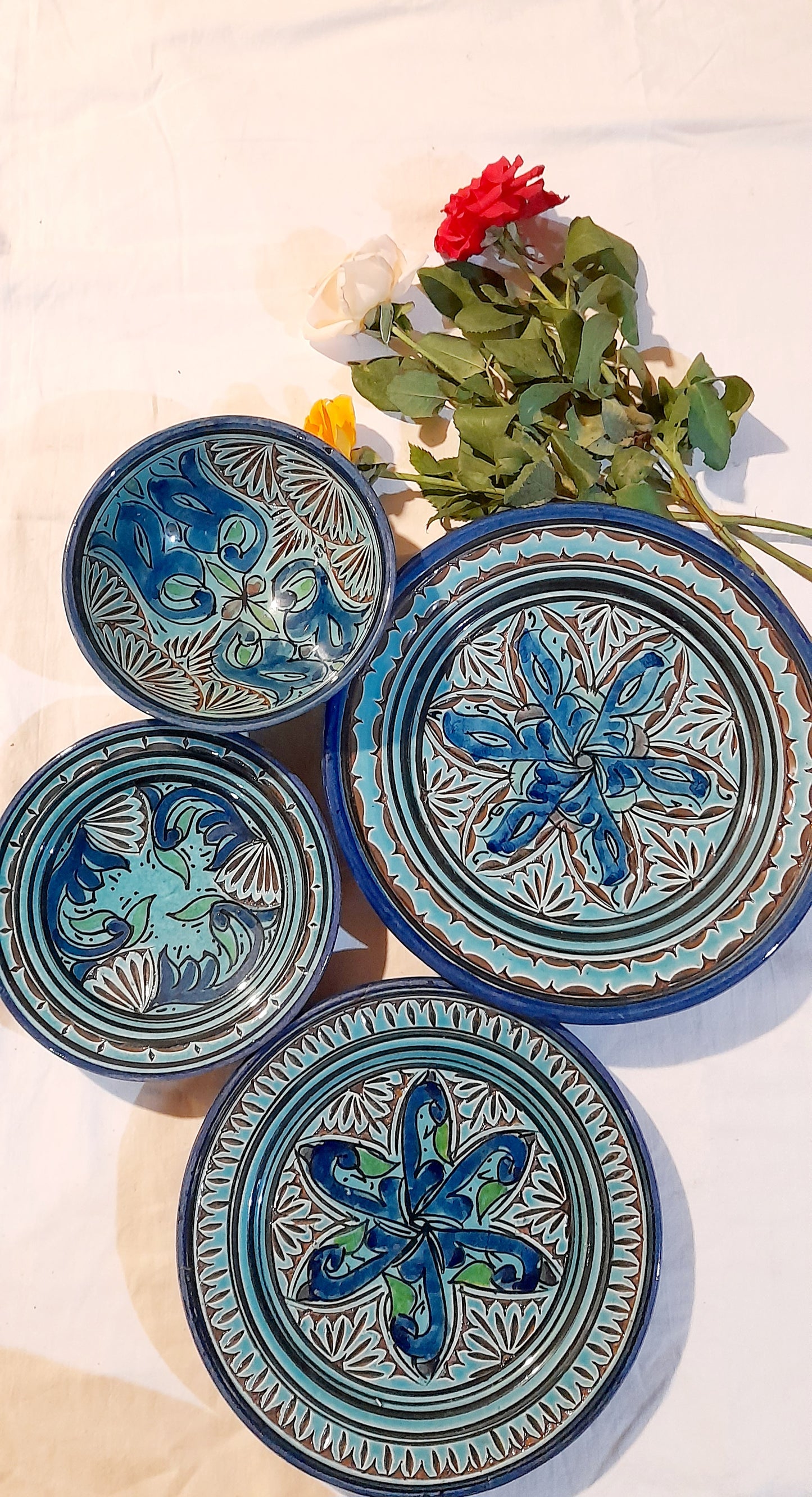 4-Piece Engraved Moroccan Ceramic Set – Royal Green Elegance