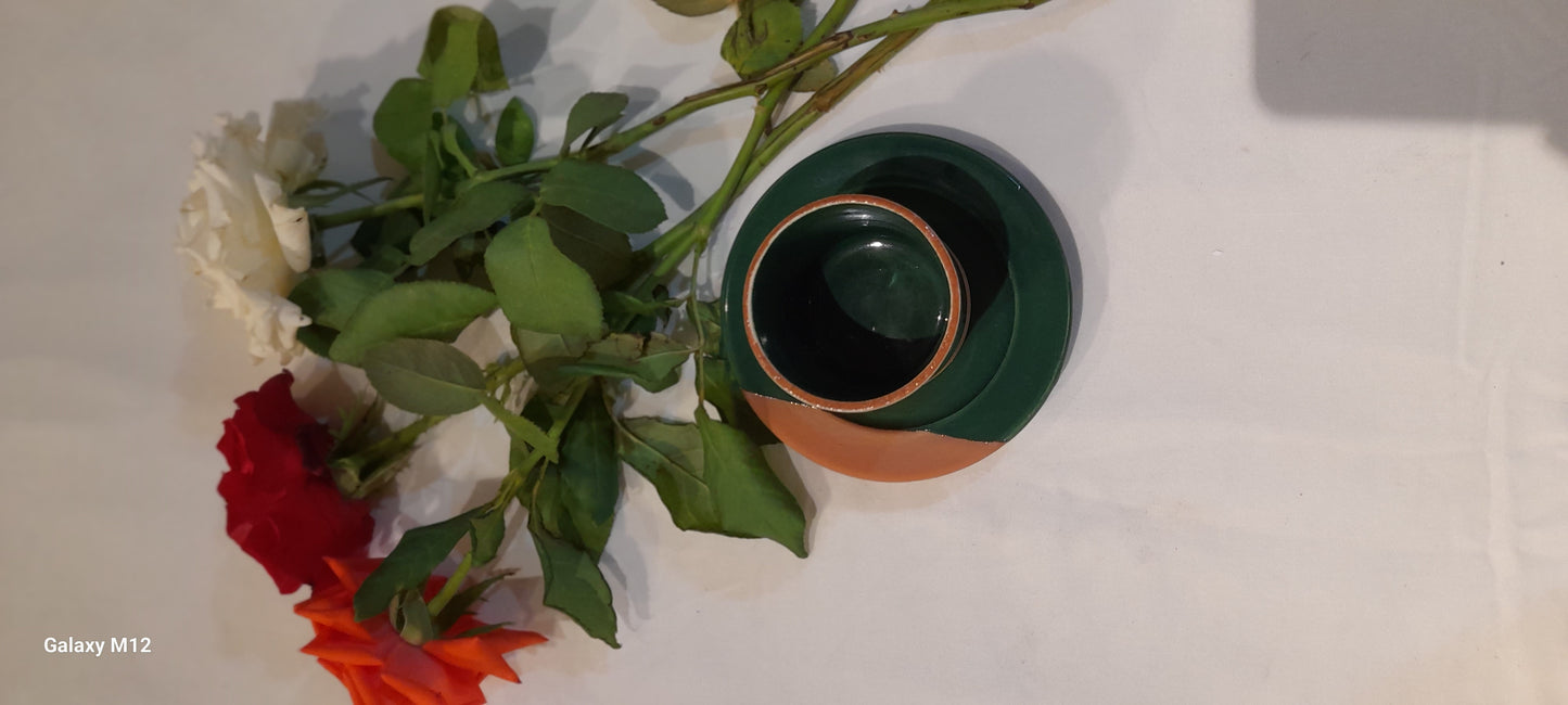 Handmade Terracotta Coffee Cup with Saucer – Green & Natural Clay Finish