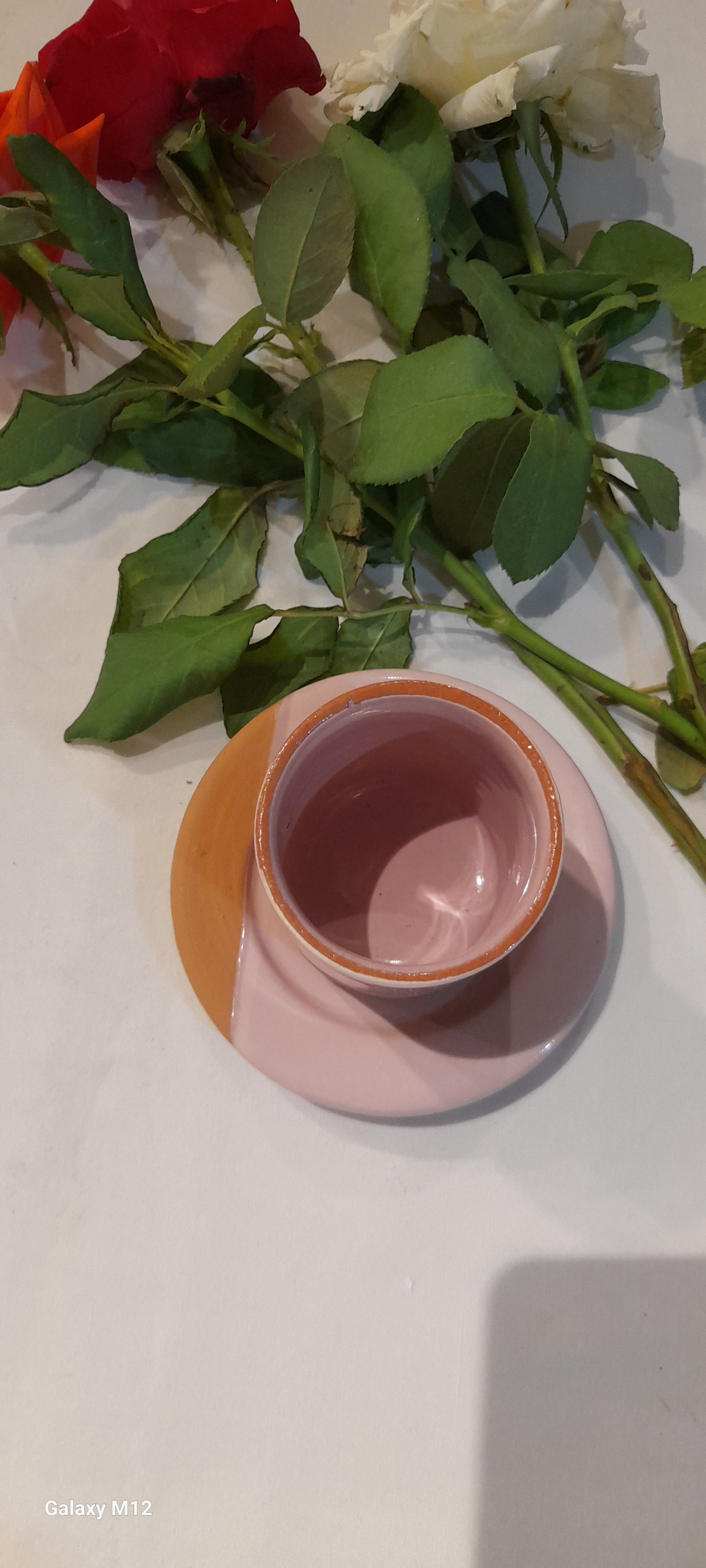 Handmade Terracotta Coffee Cup with Saucer – Green & Natural Clay Finish