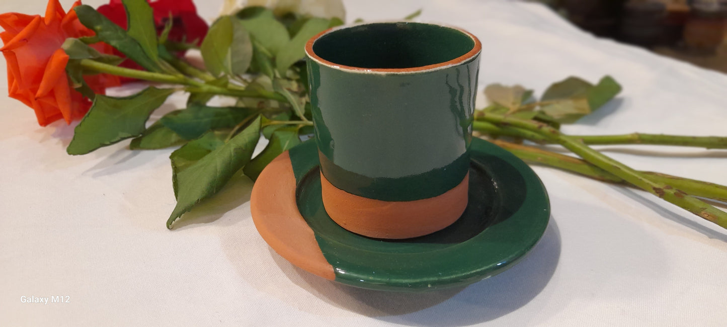 Handmade Terracotta Coffee Cup with Saucer – Green & Natural Clay Finish