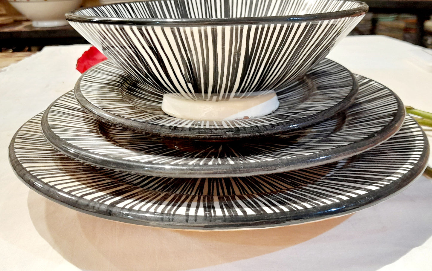 4-Piece Striped Moroccan Ceramic Set – Black & White Elegance