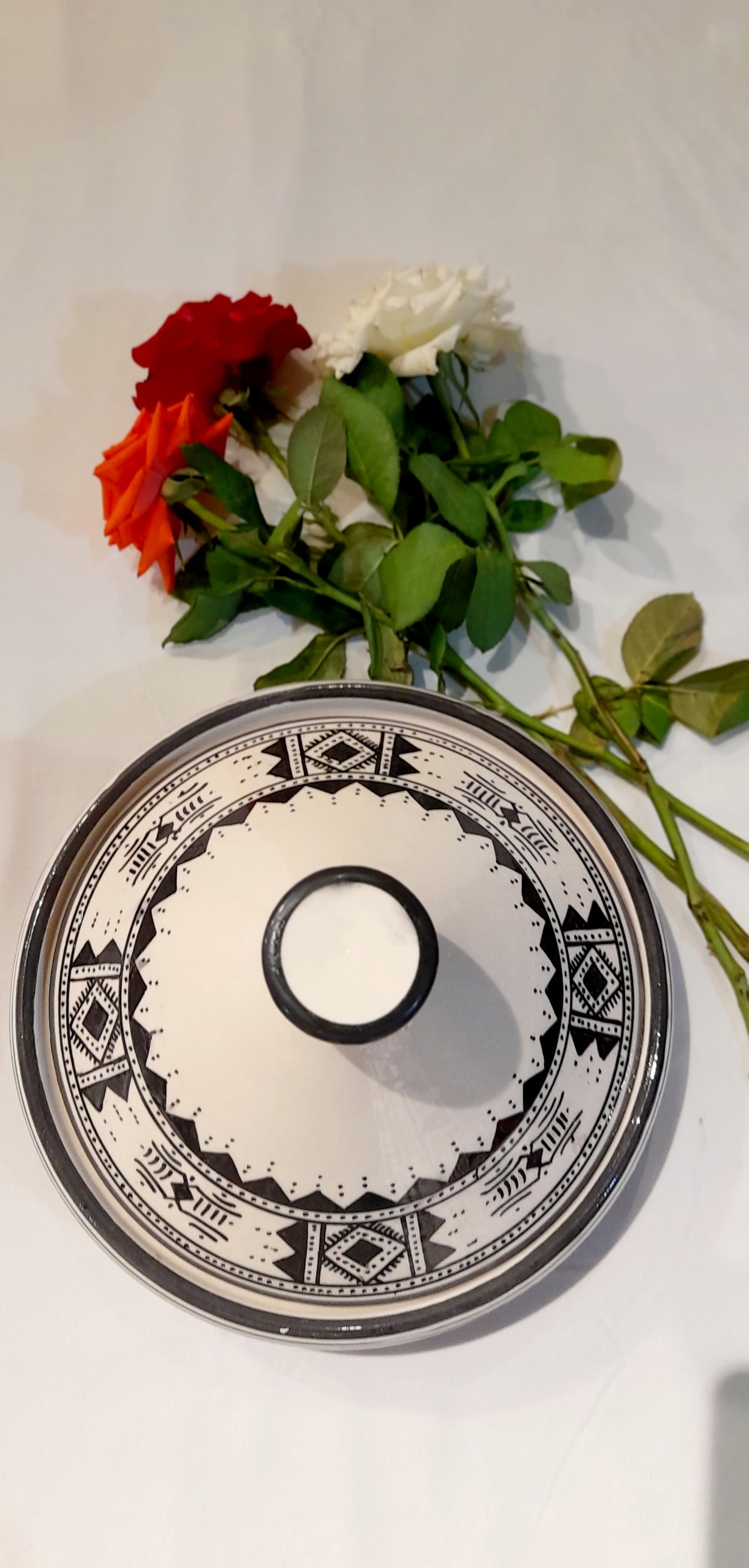 Hand-Painted Moroccan Tagine – Black & White Berber Design