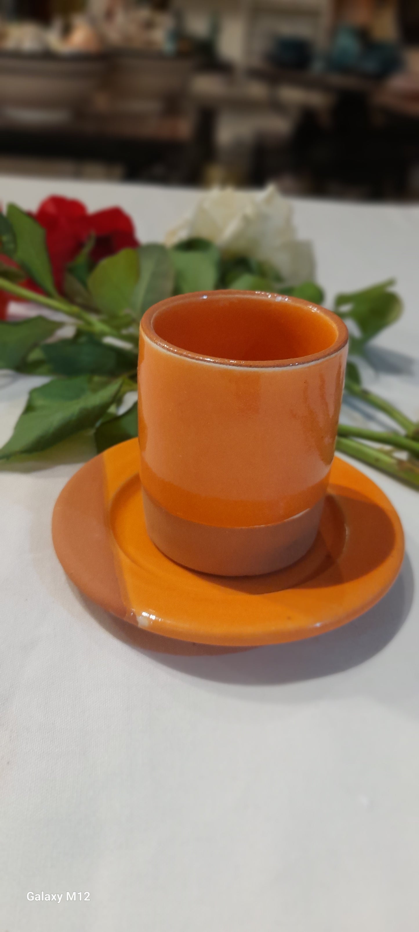 Handmade Terracotta Coffee Cup with Saucer – Green & Natural Clay Finish