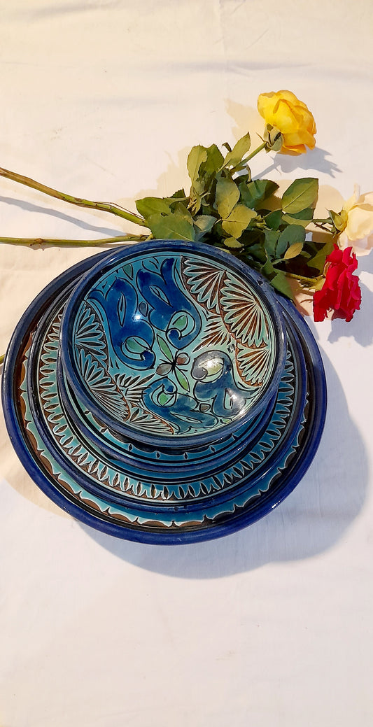 4-Piece Engraved Moroccan Ceramic Set – Royal Green Elegance