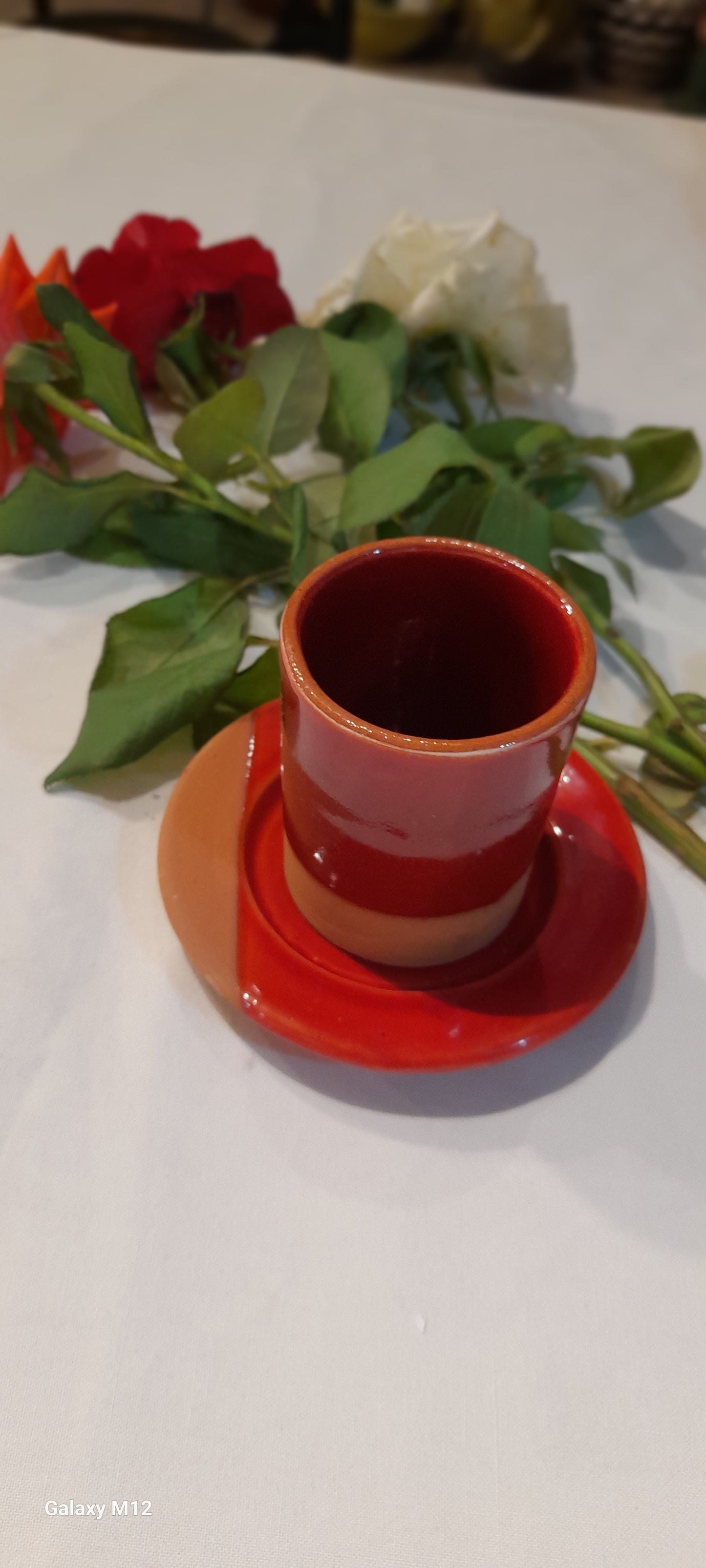 Handmade Terracotta Coffee Cup with Saucer – Green & Natural Clay Finish
