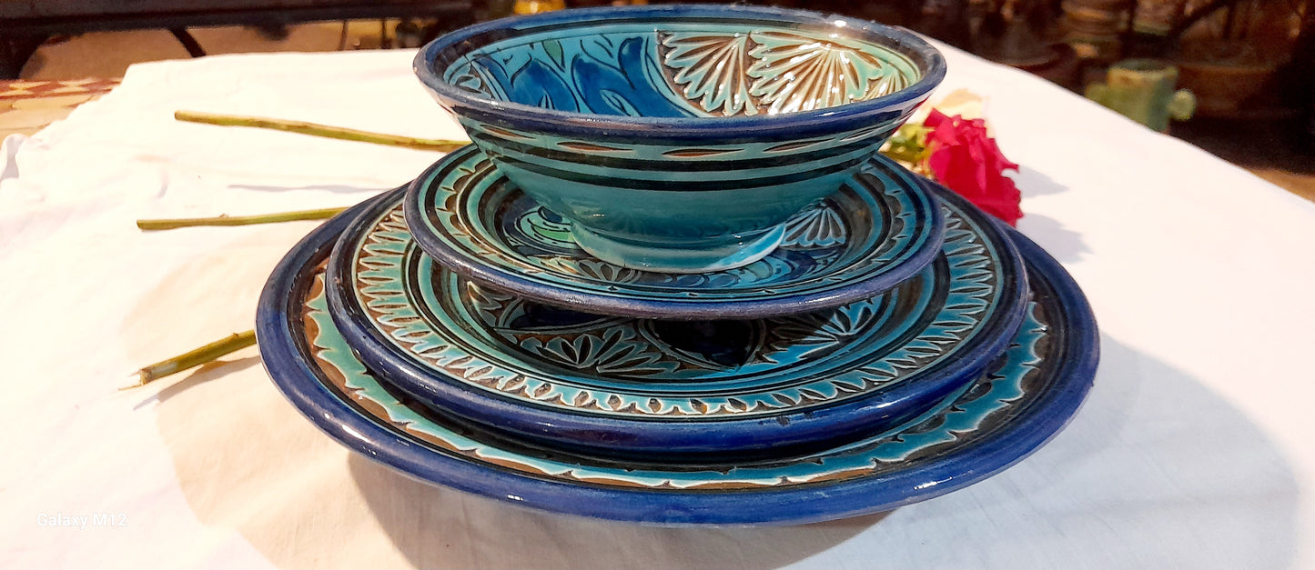 4-Piece Engraved Moroccan Ceramic Set – Royal Green Elegance