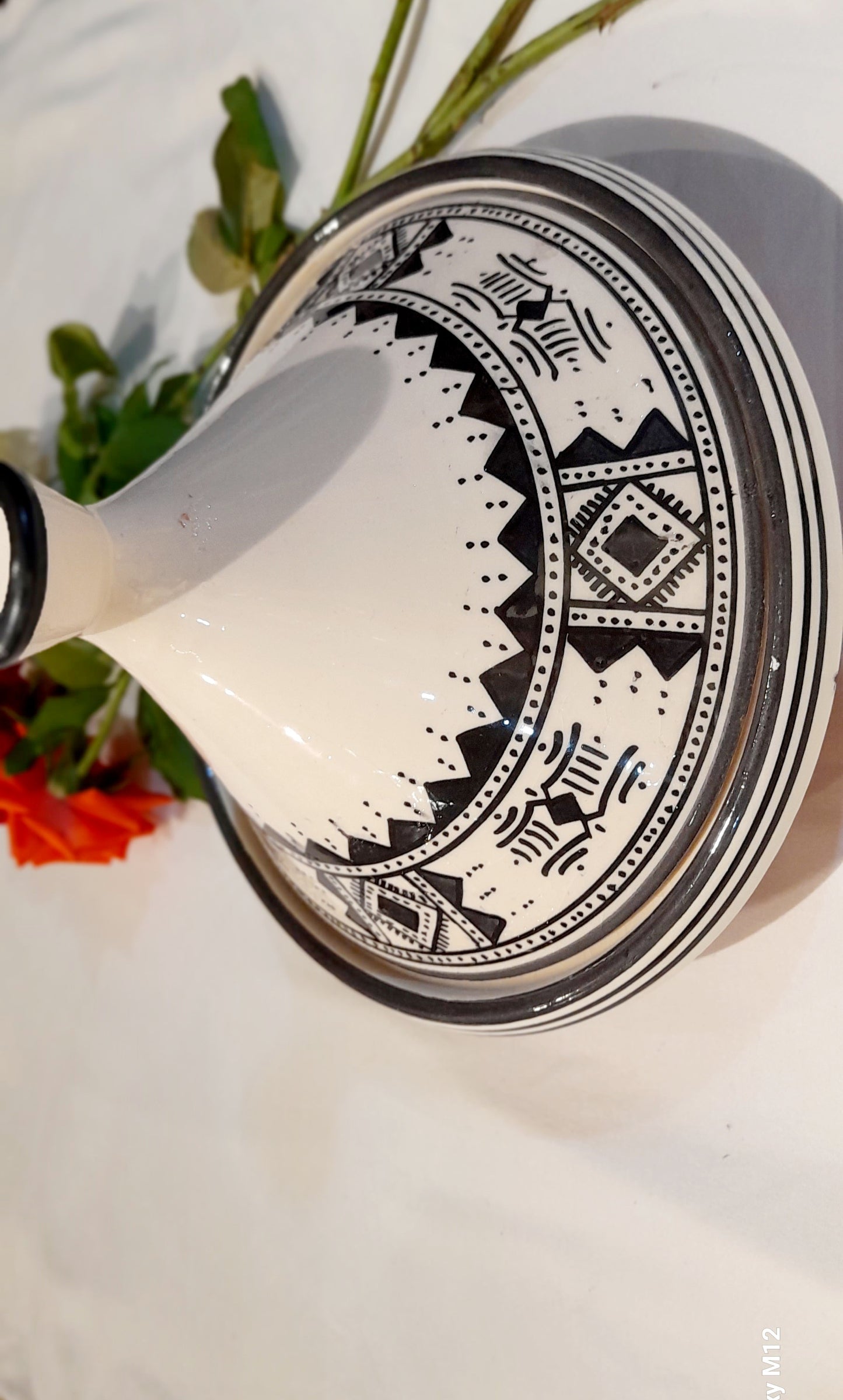Hand-Painted Moroccan Tagine – Black & White Berber Design