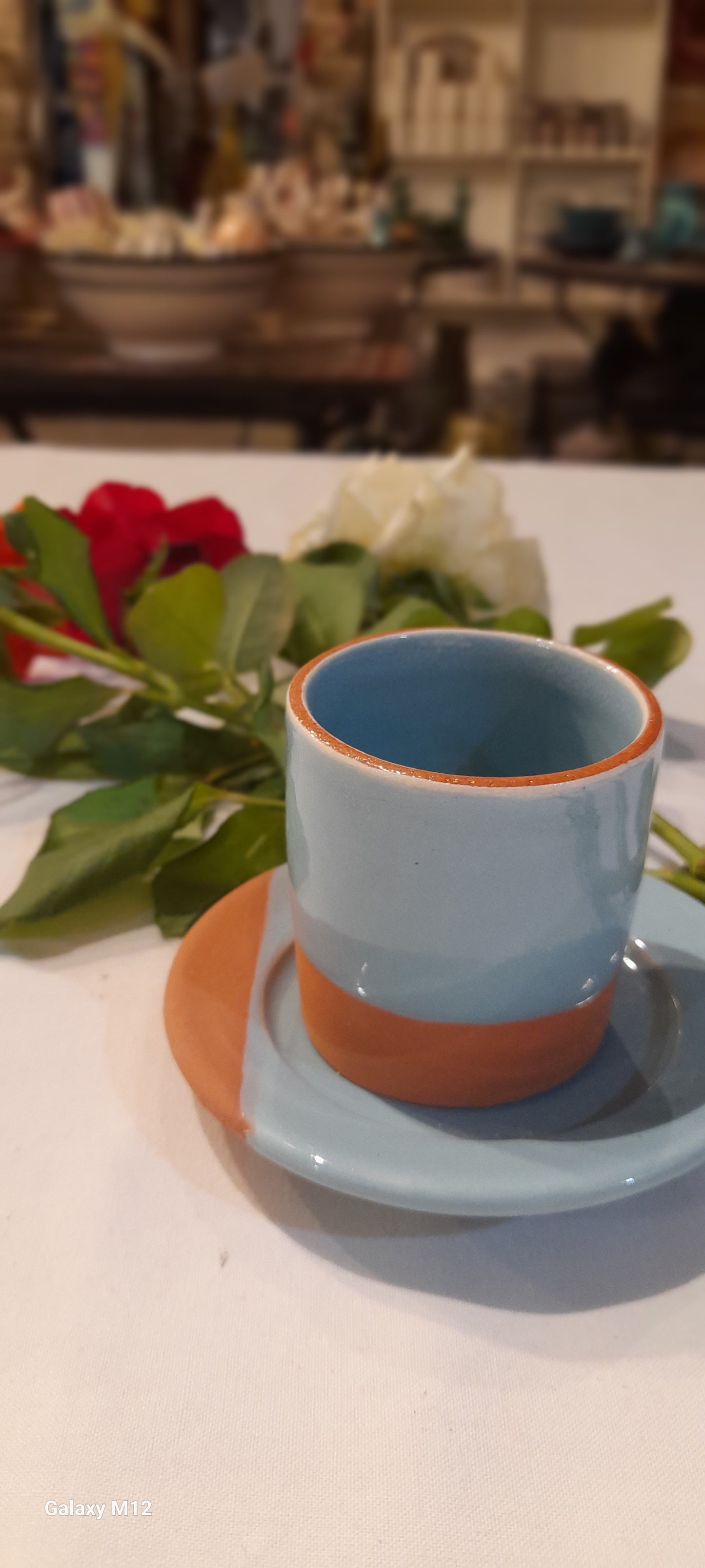 Handmade Terracotta Coffee Cup with Saucer – Green & Natural Clay Finish
