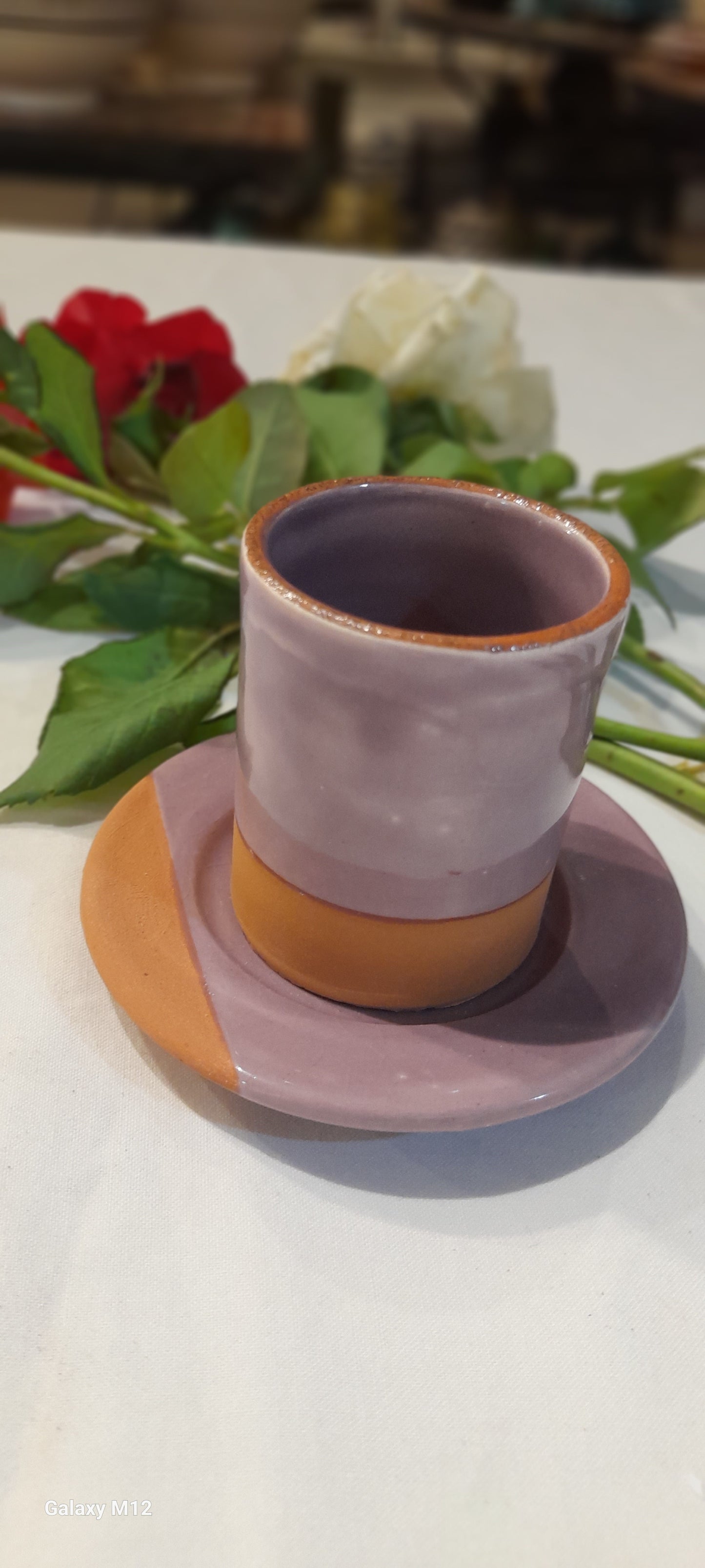 Handmade Terracotta Coffee Cup with Saucer – Green & Natural Clay Finish