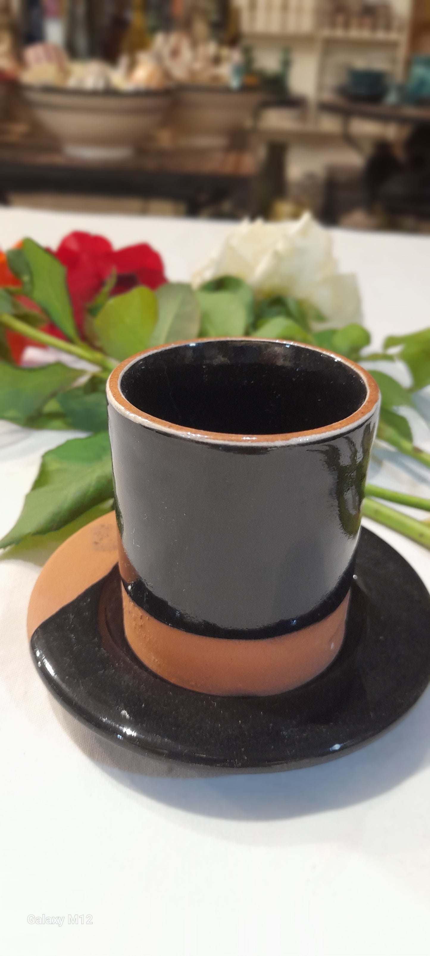 Handmade Terracotta Coffee Cup with Saucer – Green & Natural Clay Finish